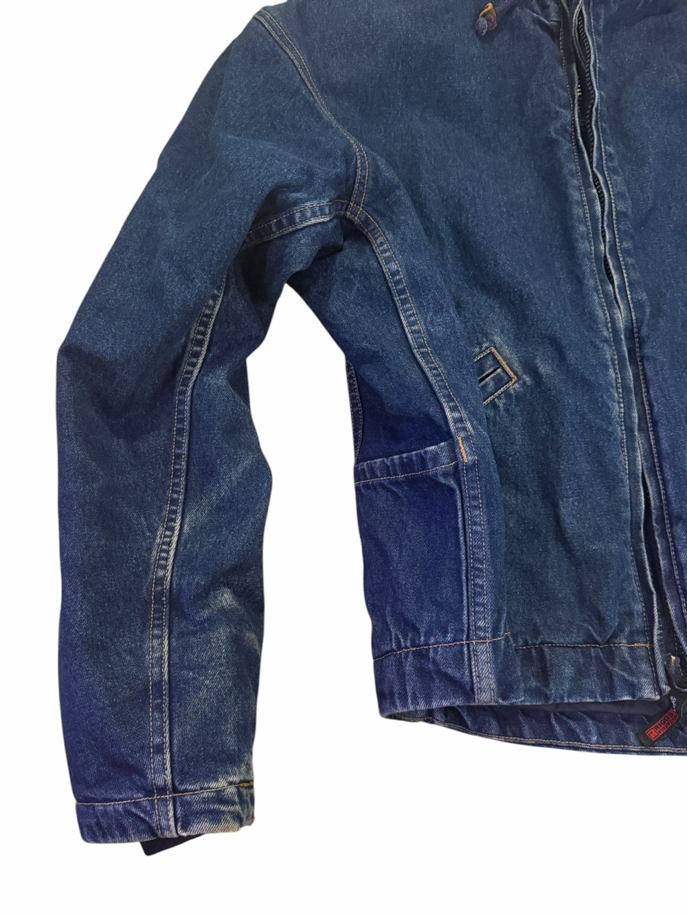 VTG Wrangler Riggs Denim Hooded Winter Jacket Work Quilt Lined Chore Mens Y2K - Picture 4 of 9